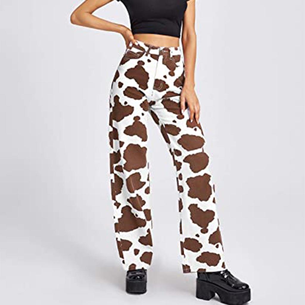 Fashion Women High Waist Loose Pocket Cow Printing Jeans Pants