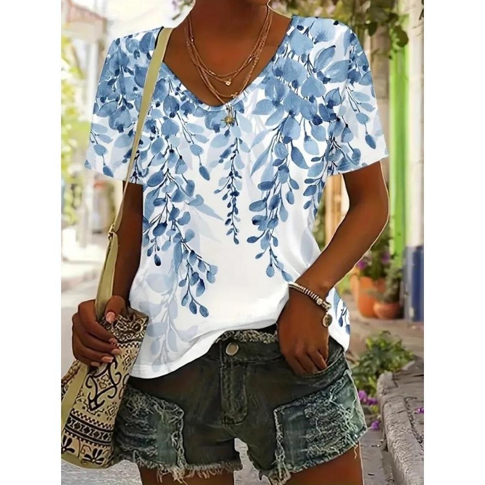 Dandelion Patterned V-Neck T-Shirt, Short Sleeves, Casual Top for