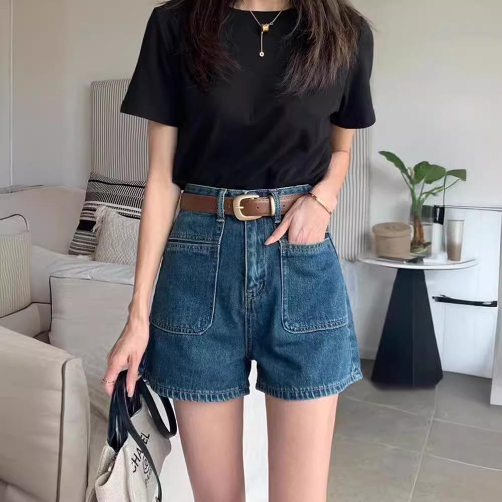 

Женские джинсовые шорты с высокой талией и эффектом похудения - Лето 2024 А-силуэт с широкими штанинами, эластичные в четырех направлениях 2XL темно-синий