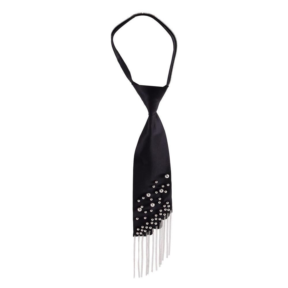 Geometric Black Satin Tie With Crown Chain Pearl Tassels For Business And Party Wear