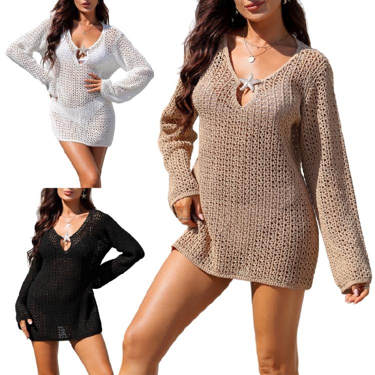S To XL Size Women's Beach Dress Feature Long Sleeve Cut Out Design Nylon Fabric Cover Up For Water Sports
