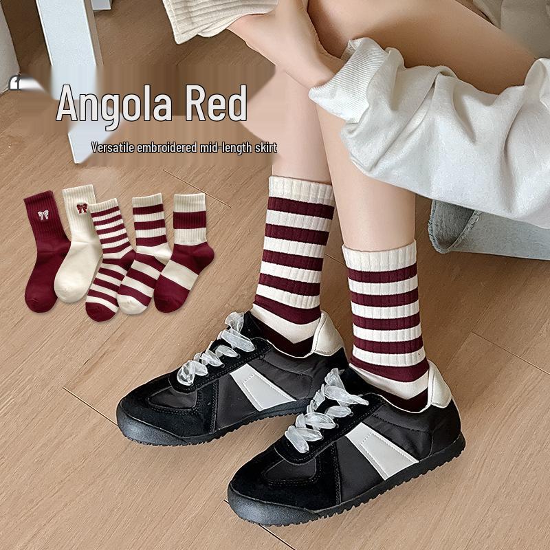 2024 Autumn/Winter Angora Red Socks with Wine Red Bow Embroidery - Medium To Long Pile Style