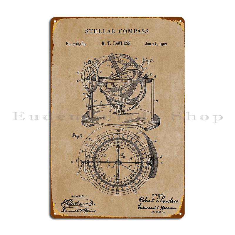 

Patent Blueprint 1902 Stellar Nautical Compass Metal Plaque Wall Mural Designer Design Living Room Classic Tin Sign Poster 20x30cm