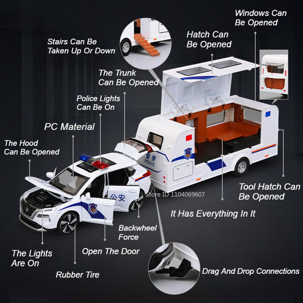 1:32 X-Trail Car Model Toys SWAT Trailing RV Alloy Diecast Polic Cars Sound Light Pull Back Doors Opened Toy Vehicle Boy Gifts