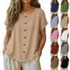 Women's Fashionable Button-Decorated -Color Short-Sleeve Round-Neck T-Shirt Top