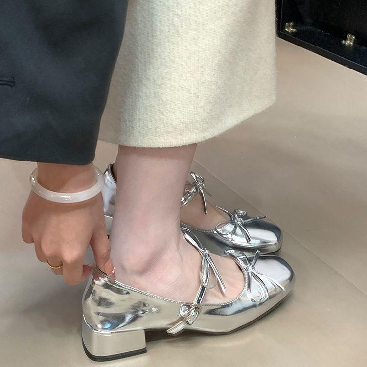 Silver High-end Bow with Skirt Single Shoes Women's 2025 New Thick Heel Temperament Word with Mary Jane Single Shoes