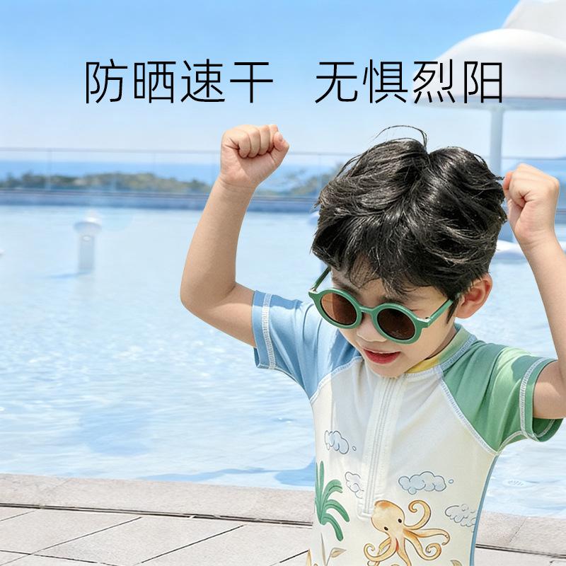 Boys Cartoon One Piece Swimsuit Short Sleeve UV Protection Quick Dry Summer Beach Vacation Swimwear For Kids