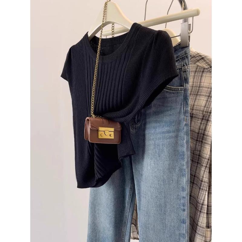 Summer Thin Ice Silk Knitted Short-sleeved T-shirt for Women, High-end Sense, Slim and Thin Temperament, Front Shoulder T-shirt A4304