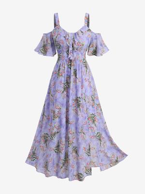 Rosegal Plus Size Rose Flower Leaf Print Ruffles Cold Shoulder Dress