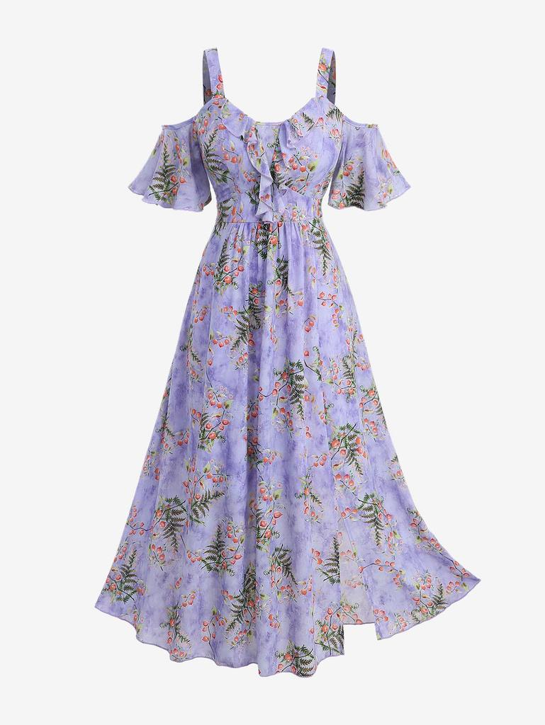 Rosegal Plus Size Rose Flower Leaf Print Ruffles Cold Shoulder Dress