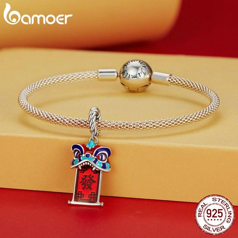 BAMOER 925 Sterling Silver Chinese New Year Series Red Enamel Lion Dancing Hanging Bead for Women Bracelet and Necklace