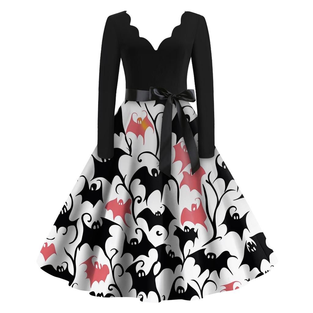 Kvinners uformelle mote Halloween trykt V-hals vintage kjole