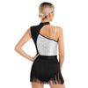 Womens Cutout Sleeveless Latin Dance Leotard Shiny Sequins Contrast Color Patchwork Fringed Bodysuit