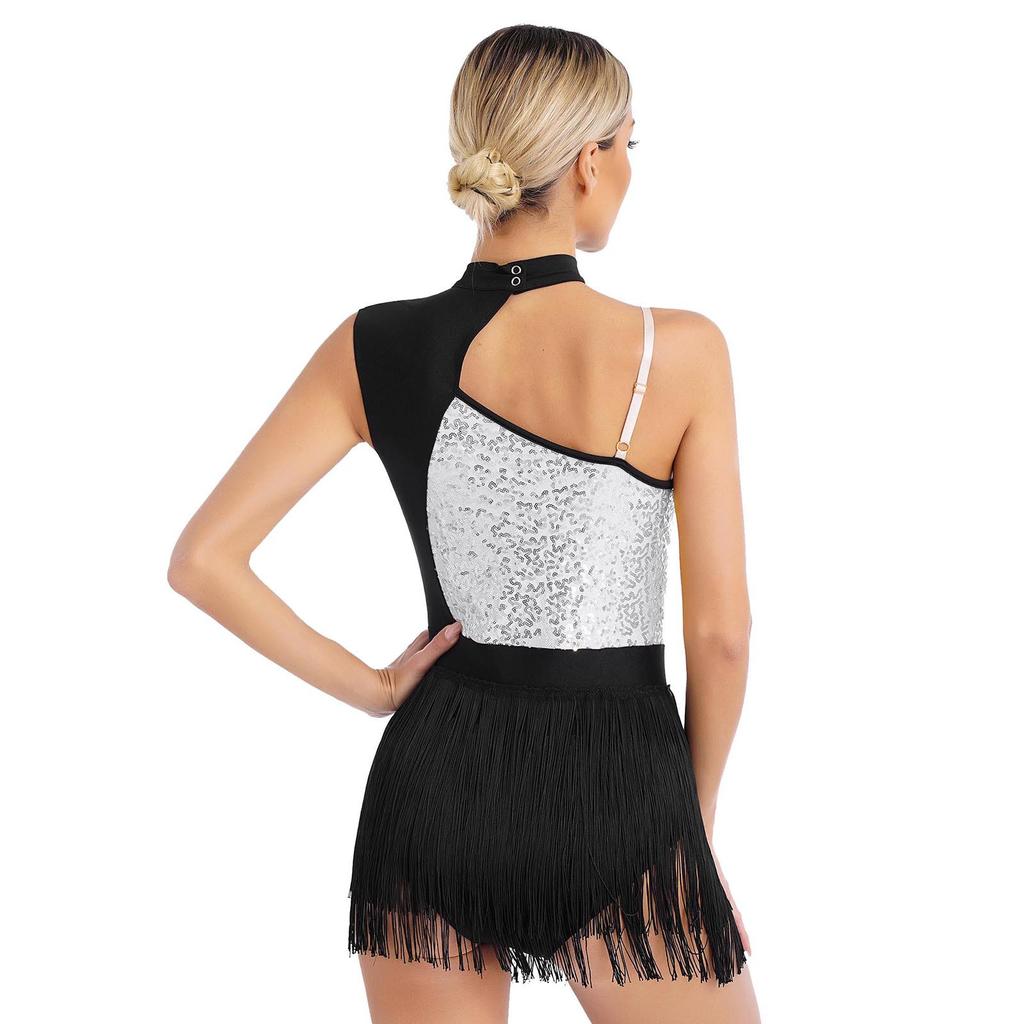 Womens Cutout Sleeveless Latin Dance Leotard Shiny Sequins Contrast Color Patchwork Fringed Bodysuit