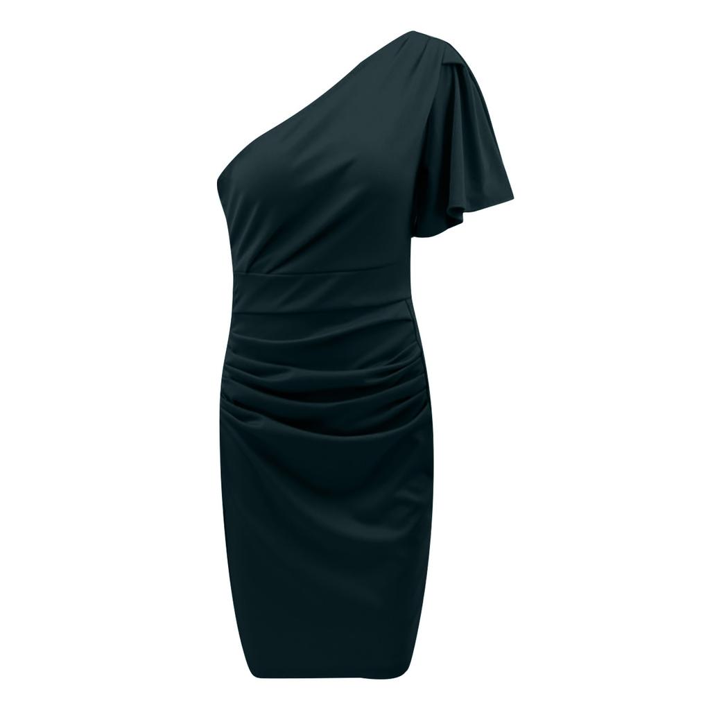 Women's Short Sleeve Midi Color Sexy Slanted Shoulder Slim Fit Pleated Hip Dress