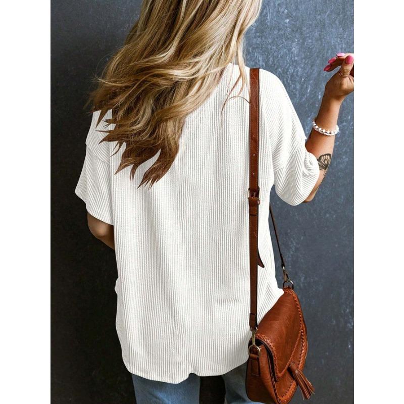 YYFS Women's Fashion Casual Solid Color Print Summer Spring Short Sleeve V-Neck Blouses & Shirts