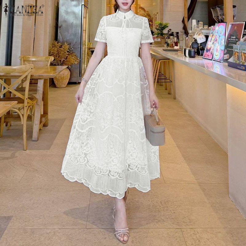 ZANZEA Women Elegant Hollow Lace Patchwork Casual Short Sleeve Dress