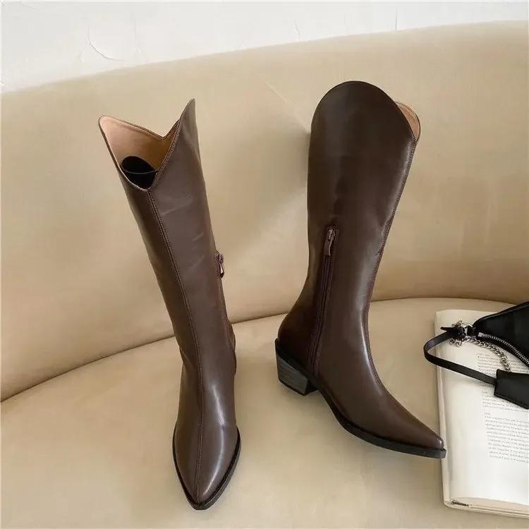 New Fashion Women Knight Boots Square Low Heel High Quality Women Boots Pointed Toe Knee-high Western Boots