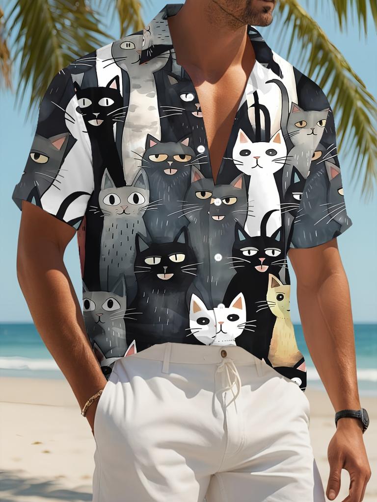 New Men'S Casual 3D Black Base Watercolor Cat Print Shirt