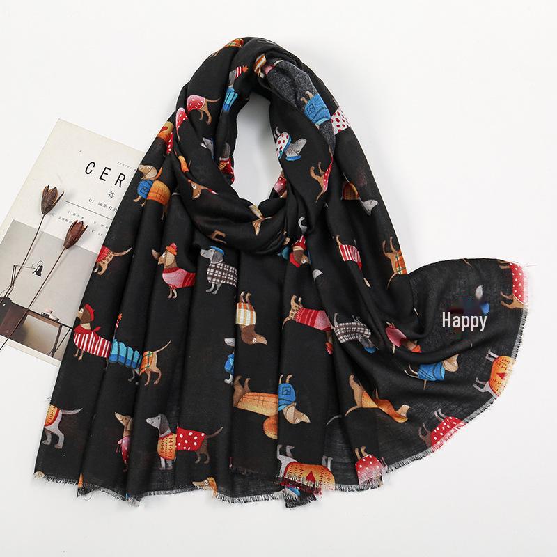 Cotton and Linen Cartoon Cat and Dog Scarf – Autumn/Winter Warm Shawl for Ladies