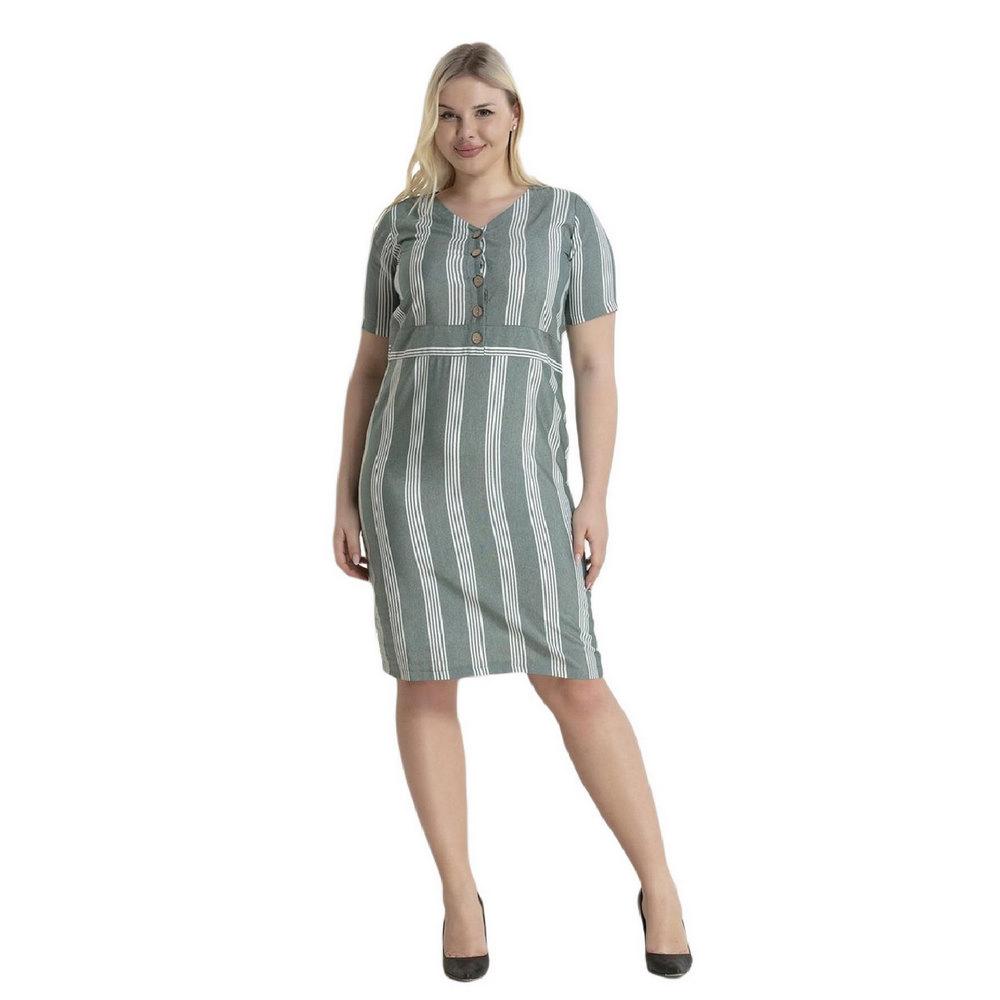 Fierte Women's Plus Size Dress Rg6684Y V-Neck Button Detail Short Sleeve Striped Sports Cotton Above Knee Navy Blue Green