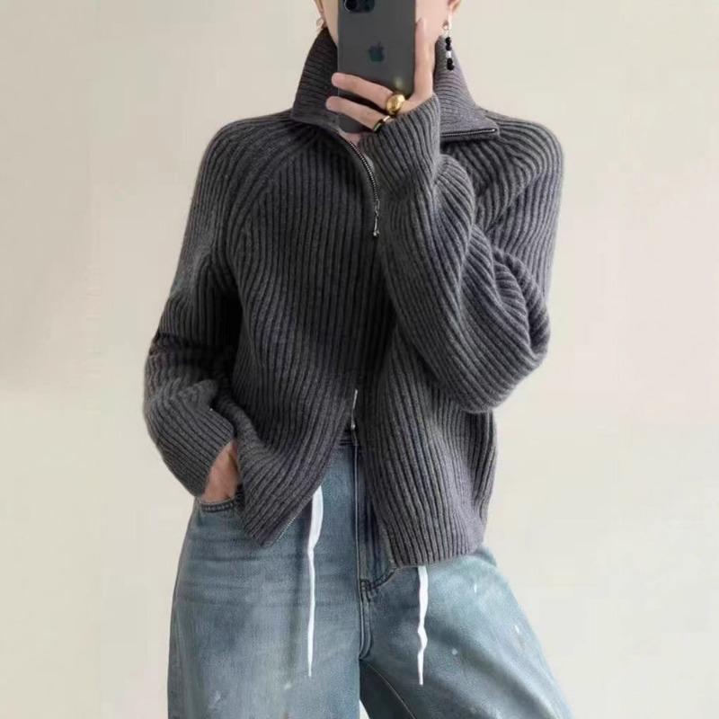 Lapel Double Zipper Sweater Jacket for Women's Autumn and Winter New Gentle Wind Soft Waxy Stand-up Neck Knitted Cardigan Top for Women
