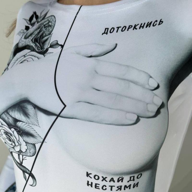Women European American Style Printed Crew Neck Long Sleeve Slim Fit Casual Bodysuit
