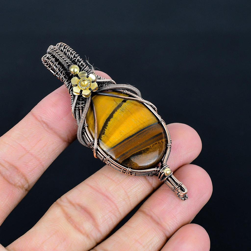 Tiger Eye Pendant, Handmade Gemstone 999 Copper Wire Wrapped Pendant Antique Jewelry, For Gift Silver Jewelry