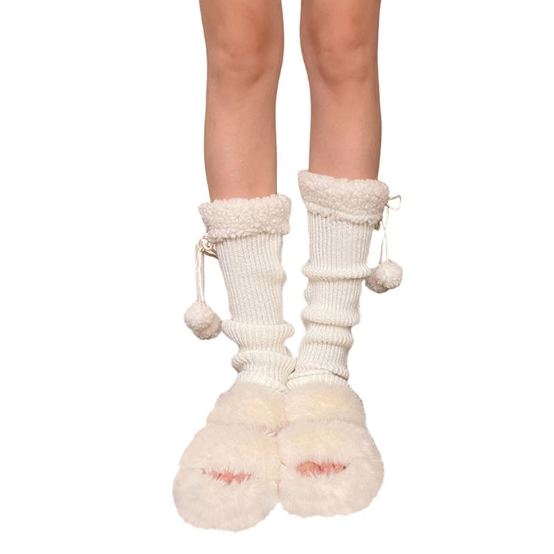 Lolitas Leg Warmers for Women Girls White Ball Knitted Leg Sleeves Winter Warm Ankle Heap Socks JK Uniform Foot Cover