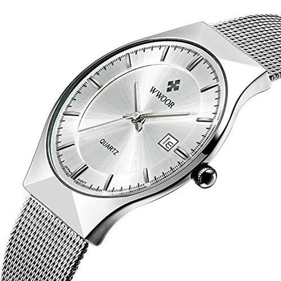 YGB Mens Wristwatch Stainless Steel Mesh Belt Casual Luxury Quartz Watch Ultra-thin Simple Waterproof Fashion White