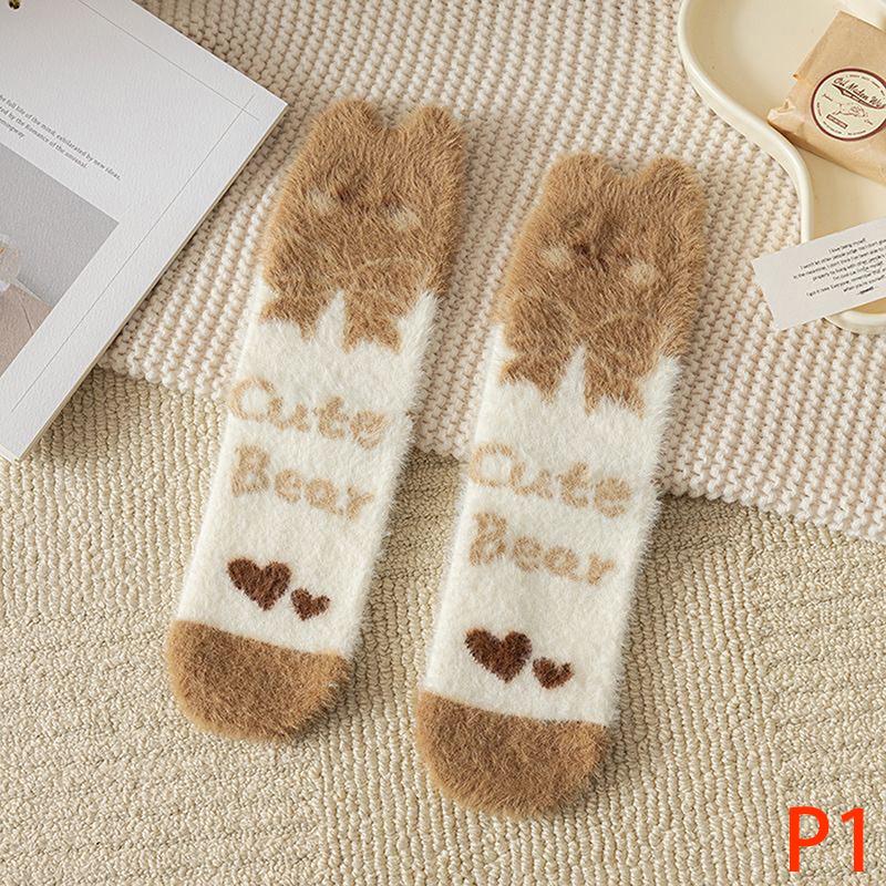 Autumn Winter Coral Velvet Socks Cartoon Bear Socks For Women Children Girls Middle Tube Thickened Sleep Socks Home Floor Socks
