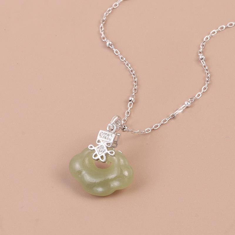 S925 Sterling Silver Hetian Jade Peace Lock Necklace: Women s Elegant Ancient Style Clavicle Chain for All Zodiac Signs 925 Silver