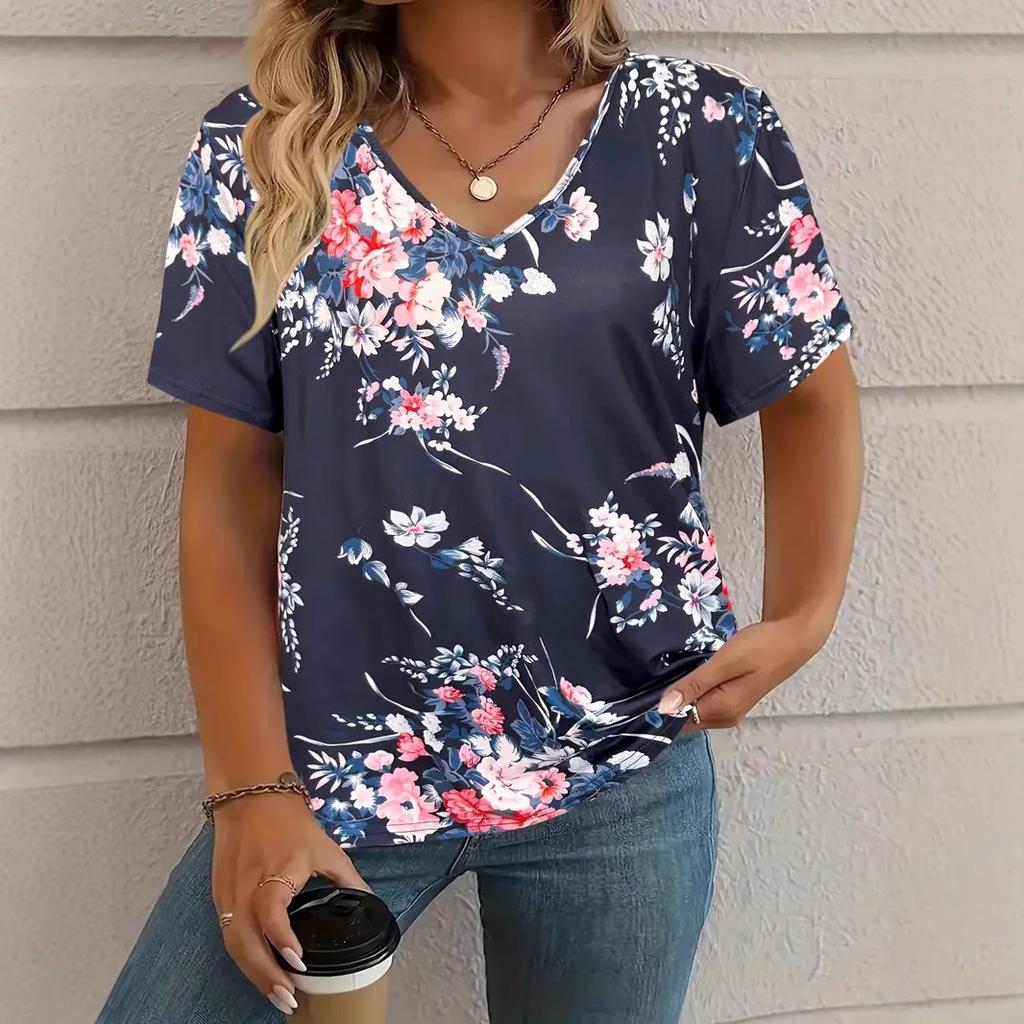 Modische und bequeme Damen-T-Shirts mit V-Ausschnitt und kurzen Ärmeln mit Pflanzenmuster