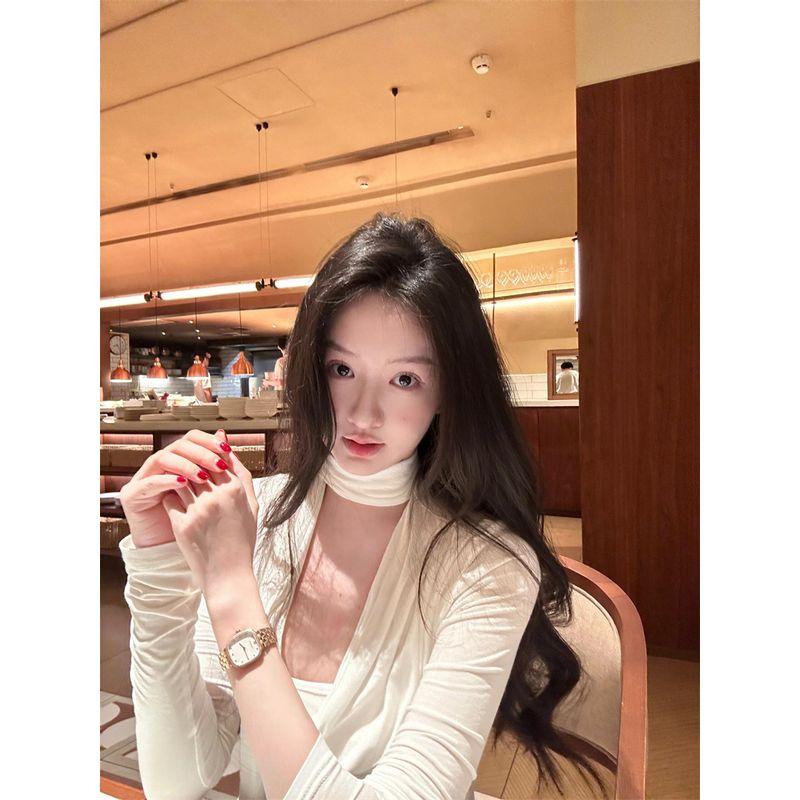 

Pure Desire Sexy All-Matching Sexy Swing Collar Series Neck Ribbon Silm Slim Looking Ruched Waist-Controlled Long Sleeves White T-shirt Tops White S