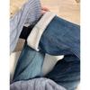 Women's Plus Size Retro Blue Velvet-Lined Straight-Leg High-Waist Jeans - Winter Slimming Wide-Leg Pants