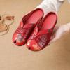 Johnature Ethnic Style Printed Genuine Leather Outdoor Slides Women Versatile Handmade Low Heeled Slippers