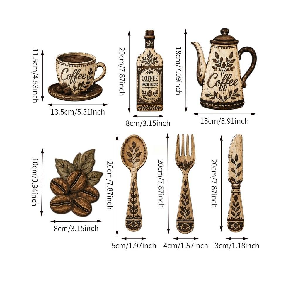 7Pcs Vintage Coffee Utensil Wooden Ornament Dining Room Wall Decor Set For Home Kitchen