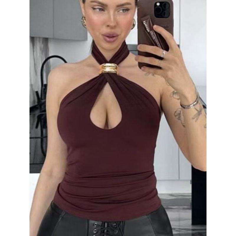 Western Style Summer Design Sexy Hanging Neck Backless Hollow out Vest Top Backless Sexy Vest