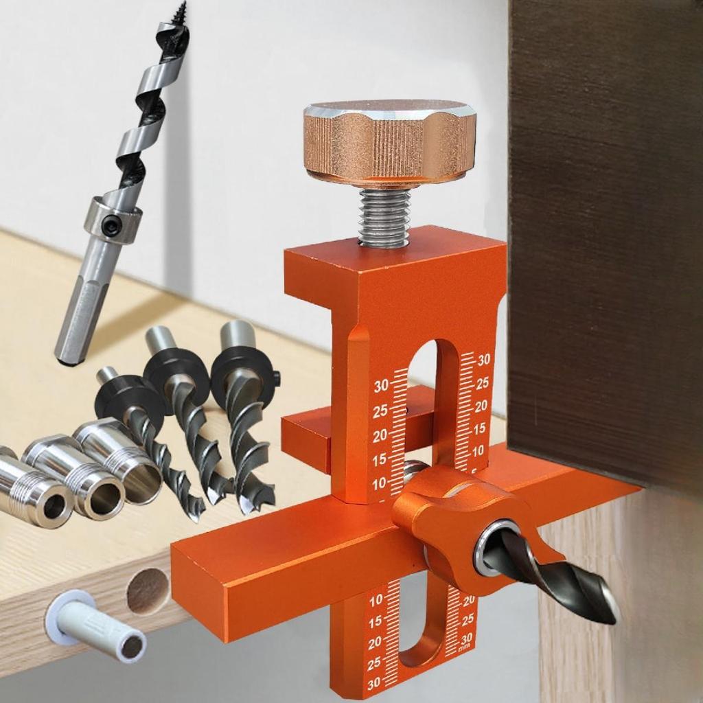 2-in-1 Cabinet Door Installation Jig, Rebounder Mounting Positioner with 6/8/10mm Drill Guide, Wardrobe Door Panel Punching