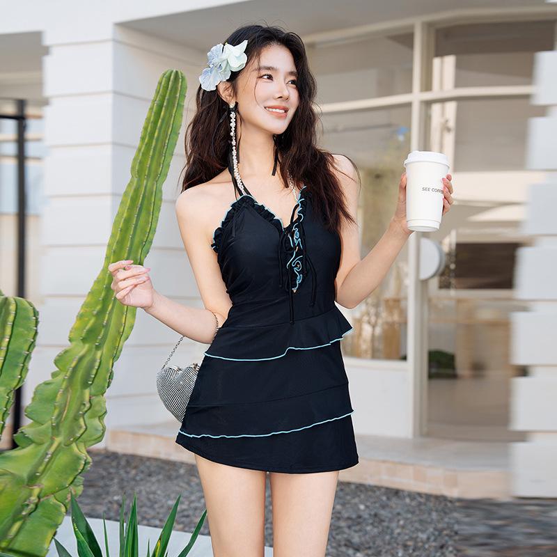 Women's Slim-Fit Black Halter One-Piece Swimsuit with Skirt - Hot Girl Style for Vacations & Hot Springs