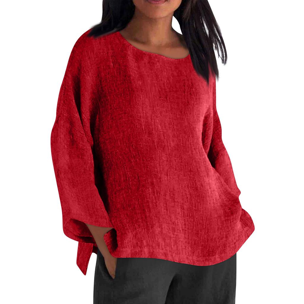 Long Sleeved Round Neck Solid Color Top Cotton and Linen Women’s Blouses & Shirts