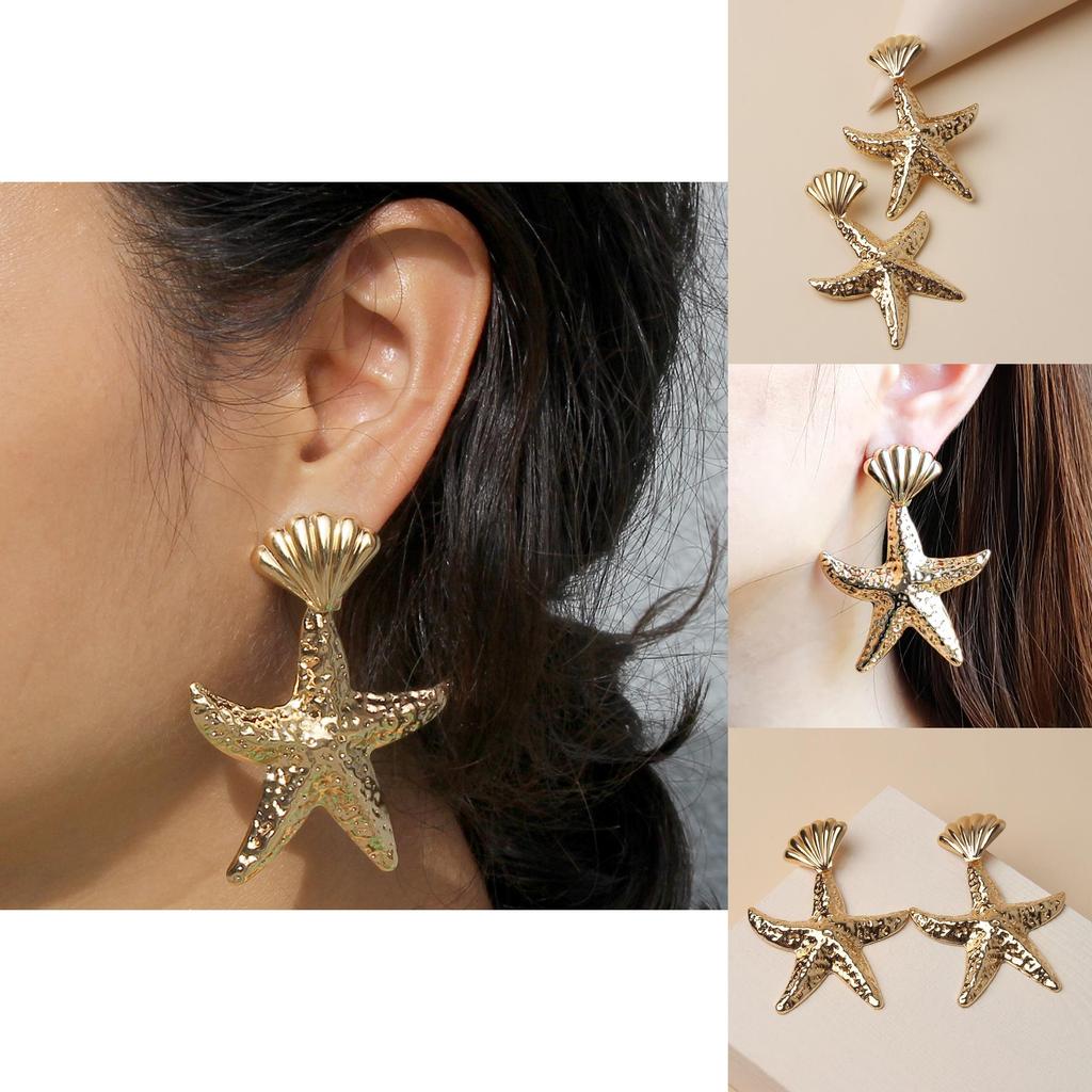 Gold Fashionable Shell Starfish Design Women Metal Earrings For Beach Summer