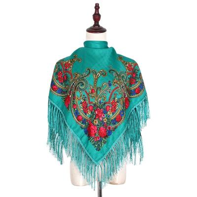 100*100cm Russian Square Scarf Women Luxury Floral Print Bandana Fringed Ukrainian Shawl