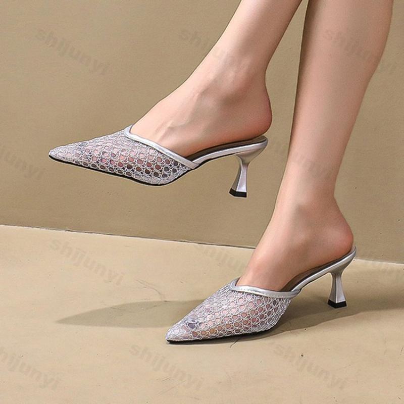 Fashion Women Slippers Summer Pointed Toe Breathable Thin Heels Sandals 2025 Fashion Mesh Closed Toe Outdoor Dress Slippers Plus Size 41
