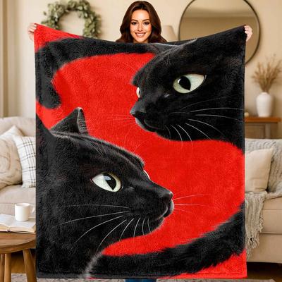 Deux motifs de chat noir Couverture imprimée en flanelle adaptée à toutes les saisons adaptée au salon bureau canapé et voyage