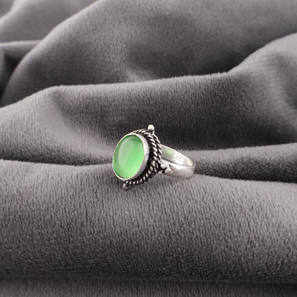 Green Cat's Eye Gemstone Ring, 925 Solid Sterling Silver Jewelry, Handmade Spiritual Ring For Wedding Gift