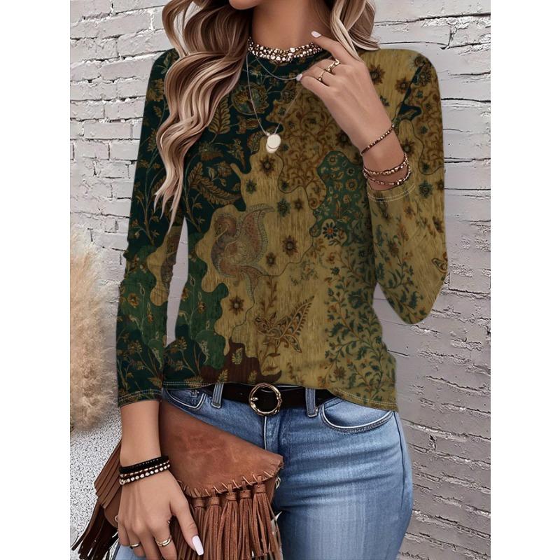 2026 New Women's Fashionable Long-Sleeved T-Shirt with Retro Floral Pattern, Perfect for Everyday Wear and Stylish Outfits