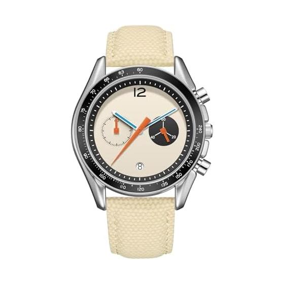 CILOA Men s Chronograph Watch White Dial Beige Leather Belt Sports Casual Watch