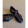Sheepskin version~ retro round head light mouth small single shoes women's flat bottom one-word buckle black design versatile Mary Jane shoes