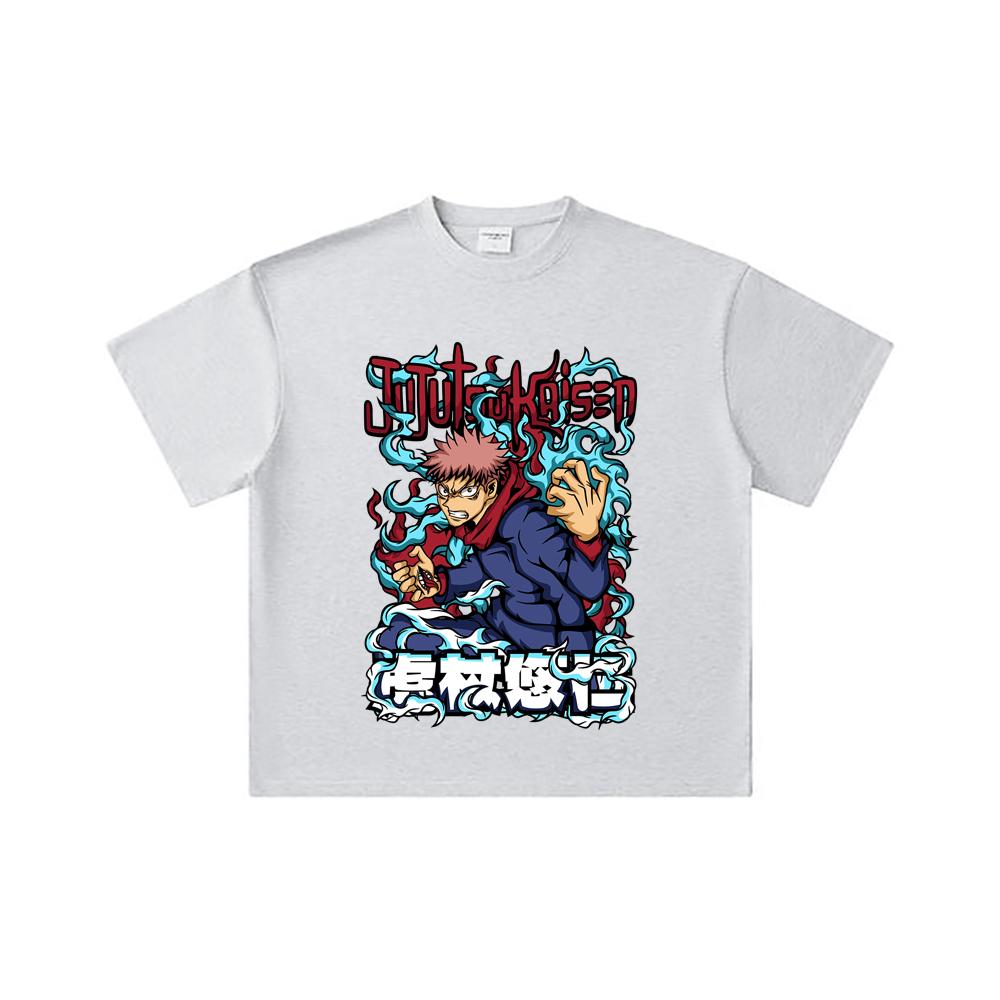 260 GSM Double Yarn 32 Count 100% Cotton Jujutsu Kaisen V50 Yuji Print Unisex Heavy Cotton T Shirt